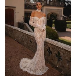 Sexy Mermaid Champagne Wedding Dress 2024 Off Shoulder Sleeves Beach Illusion Back Lace Boho Bride Gowns Robe Mariee Vestidos De Noiva 0514