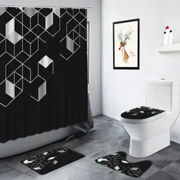 Shower Curtains 4pcs Black Geometric Curtain Set Cube Modern Creative Design Bathroom Decor Carpet Bath Mat Non-slip Rug Toilet Lid Cover