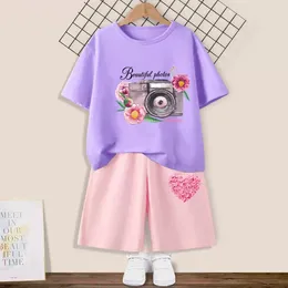 Clothing Sets 3-14y Summer Girl's Outfits Camera Flower Printed Short Sleeve T-shirt Shorts 2 Pcs Set Children Fashion Suits Holiday Clothes