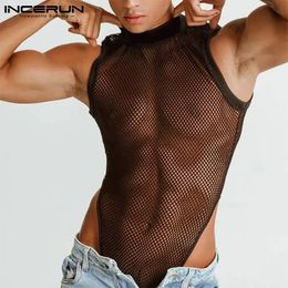 INCERUN Mens Fashion Sleeveless Bib Pants Breathable Mesh Sexy Leisure Bodysuits Comfortable Homewear Triangle Jumpsuit S-5XL 7 240514
