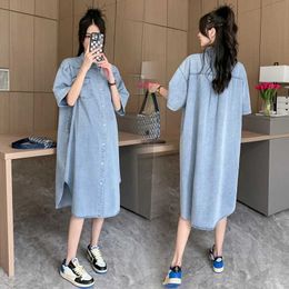 Maternity Dresses Shirt style denim maternity dress casual loose long shirt suitable for pregnant womenL2405