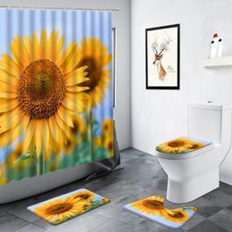 Shower Curtains Yellow Sunflower Bathroom Flowers Plant Rural Scenery Pattern WC Carpet Non-slip Mats Toilet Decor Bath Mat Set