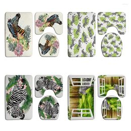 Bath Mats Watercolour Black White Stripe Zebras Bathroom Rug Set Wild Animal Green Palm Leaves Flower Mat Carpet Toilet Cover Doormat