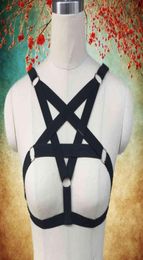 Star Elastic punk goth body sexy Black pentagram Bondage lingerie Goth Caged bra women harness belt6309204