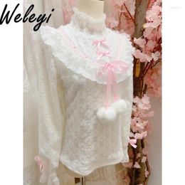 Women's Blouses Kawaii Lolita All Match Shirt 2024 Spring Clothes Fleece Lined Thickened Warm Sweet Bow Inner Long Sleeve Shirts Top