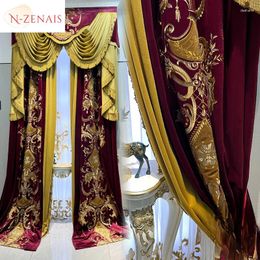 Curtain European Embroidered Red Luxury Curtains For Living Dining Room Bedroom Blackout Window Villa Vintage Tulle Velvet Valance Lace