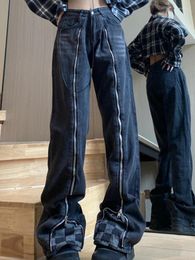 Women's Jeans Ins Female American Long Zipper High Waist Plaid Girls Slim Baggy Denim Straight Leg Pants Splicing Micro Flared Trousers