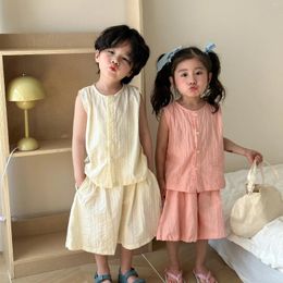 Clothing Sets Summer Boys Girls Solid Color Thin Cotton Siblings Outfits Children Loose Vest And Knee Length Pants