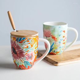 Mugs 450ML American Flower Coffee Mug With Spoon And Lid Personalized Decals High Capacity Home Breakfast Oatmeal Milk Cup