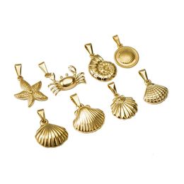 5PCSLot 316L Stainless Steel Gold Plated Starfish Conch Scallop Crab Shell Charm Pendant For Necklace Jewellery DIY Making Retro 240507