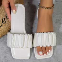 Summer Slippers For Women Pleated Flip Flops Flats 2024 Korean Slippers Women Sandals Green Slip On Shoes Big Size 3642 240509