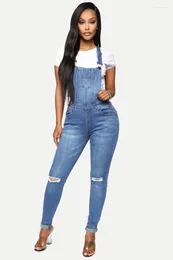 Women's Jeans Women Ankle Length Pencil Pants Denim Overalls Pockets One Piece Mid Waist High Street Solid Distressed Holes Spliced