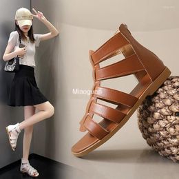 Sandals Women's Summer Elegant Woman Shoes With Low Heels Flats Casual Gladiator White Brown Roman 2024 Open Toe Zipper