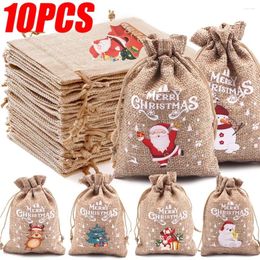Gift Wrap 1/10PCS Christmas Linen Drawstring Bags Candy Biscuits Pouchs Burlap Bracelet Jewelry Storage Xmas Kids Packaging
