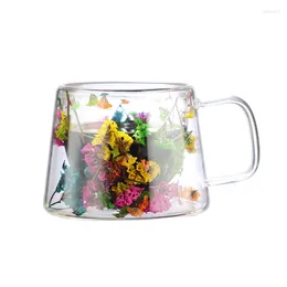 Wine Glasses Double Wall Dry Flowers Transparent Glass Coffee Cup With Handle Double-layer Heat Insulation High Temperature Juice Milk