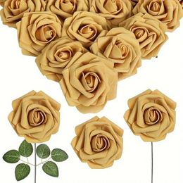 Decorative Flowers Artificial 25pcs Real Looking Golden Foam Fake Roses With Stems For DIY Wedding Bouquets Bridal Shower Centerpieces Part
