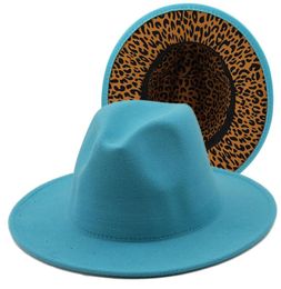 Pink and Leopard Two Tone Wool Felt Fedora Hats Women Men Patchwork Wide Brim Jazz Formal Hat with Leather Band9515406