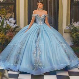 Mexico Sky Blue Ball Gown Quinceanera Dress Floral Appliques Lace Sequins Beaded Off Shoulder Sweet 16 Vestido De 15 Anos