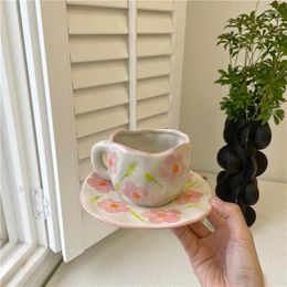 Cups Saucers Nordic Pink Flower Ceramic Coffee Cup Set Irregular Decorative Home Breakfast Milk Tea Kitchen Reusable Drinking