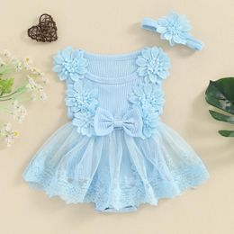 Rompers Infant Baby Girl Lace Tulle Romper Dress Ruffle Sleeve Flowers Bodysuit Spring Summer Overall With Headband 2Pcs Outfit