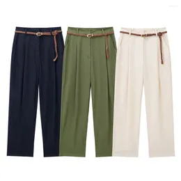 Women's Pants UNIZERA2024 Summer Fashion And Elegant Mid Waist Casual With Woven Belt Straight Tube