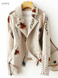 Women's Leather PERITANG Women Retro Floral Print Embroidery Faux Soft Jacket Coat Turndown Collar Pu Moto Biker Black Punk Outerwear