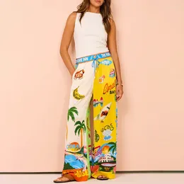 Women's Pants Womens Hawaiian Coconut Trees Elastic High Waist Loose Long Wide Leg Summer Beach Trousers Holiday Outfits