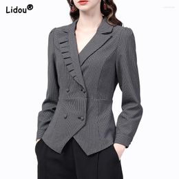 Women's Suits Spring Autumn Korean Suit Collar Plaid Shirts Commuting Fashion Design Edge Button Casual Long Sleeved Coat