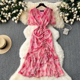 Casual Dresses Chic Sexy Short Sleeve V-neck Print Ruffle Dress Fairy A-line Summer Beach Vacation Women Long