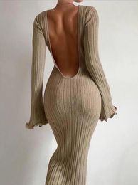 Knitted Swimwear Beach Cover Up Elegant Robe Sexy Ruffle Backless Bandage Maxi Dress Long Sleeves Bikinis Cover-up