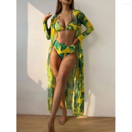Women's Swimwear Green Print 3 Piece Swimsuit For Women 2024 Mesh Cover-ups Bikini Set High Waist Backless Beach Bathing Suit