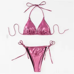 Women's Swimwear Bikini Set Sexy Glossy String Halter Women Micro Thong Swimsuit Bathing Suit Mini Biquinis Triangle 2024 Mujer