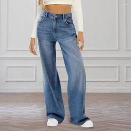 Women's Jeans Loose Stylish High Waist Wide Leg With Multiple Pockets For Daily Wear Solid Colour Denim Pants Button