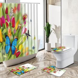 Shower Curtains Colorful Tulip Flower Curtain Spring Butterfly Green Plant Pastoral Scenery Non-Slip Rug Toilet Cover Bathroom Deco Set
