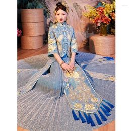 Ethnic Clothing Traditional Classic Blue Peacock Embroidery Bride Cheongsam Xiuhe Suit Spring Wedding Dress Exquisite Noble Tassel Dresses