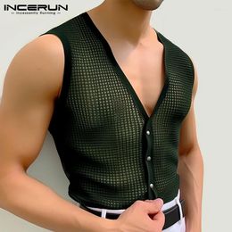 Men's Tank Tops Sexy Fashion Style INCERUN Men Hollow Square Casual Party Show All-match See-through Mesh V-neck Vests S-5XL 2024