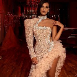 Special Irregular Formal Dress Prom Evening Gowns One Shoulder Luxury High Neck Sequins Beaded Crystal Evening Dresses robes de soiree 351q