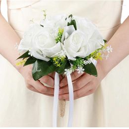 Decorative Flowers Wedding Bouquet With Soft Ribbon Bride Bridesmaid White Champagne Artificial Roses