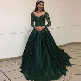 2020 Dark Green Prom Dresses applique Long Sleeves V-neck Appliques Beaded Satin Evening Dresses New Vestidos De Formal Party Gowns 201 320x