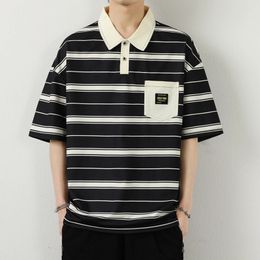 Young Style Loose Striped Polo Shirts Summer Casual Half Sleeve Mens Clothing Fashion Turndown Collar Korean Pockets Tshirts 240418