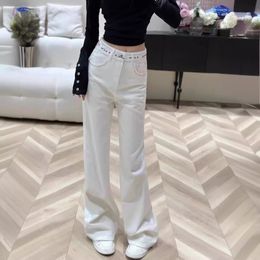 Designer white jeans for women's spring summer high waisted slimming straight leg wide leg long denim pants