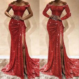 Red Sequined Mermaid Prom Dress Lace Appliques Sexy Slit Off Shoulder Evening Gowns Long Sleeve Formal Dresses 312g