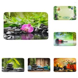 Bath Mats Zen Garden Bathroom Rug Green Bamboo Pink Flower SPA Landscape Stone Flannel Non-Slip Mat Kitchen Doorway Carpet Home Decor