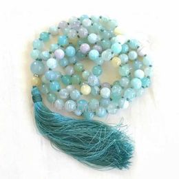 Beaded Necklaces MN21235 Aqua Agate Soothing Marat Necklace with Yellow Jade Knot Prayer Yoga Silk Tassel d240514