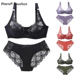 Bras Sets New Sexy 34 36 38 40 42 44 BCDE Cup Hollow Out Lace Bra and Panty Sets For Women Ultra-Thin Underwear Plus Size Lingerie Y240513