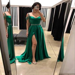 Sexy Green Prom Dress Off The Shoulder Beading Formal Evening Gowns Long Satin Slit Abendkleider Robes de Soiree 207Q