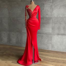 Red Beaded Mermaid Prom Dresses Jewel Neck Long Sleeves Side Split Evening Gowns Sweep Train Satin Formal Dress 292c