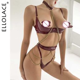 Sexy Pyjamas Ellolace Sensual Leather Lingerie Half Cup Bra Kit Push Up With Chain Sissy Crotchless Naked Bilizna Outfit Fetish PU Uncensored T240513