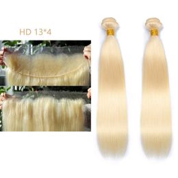 Blonde 3 PCS/lot Malaysian100% Human Hair Straight 2 Bundles With HD 13X4 Lace Frontal Body Wave 613# Color 10-30inch