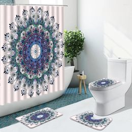 Shower Curtains Creative Colorful Mandala Feather Pattern Bathroom Set Curtain Fabric Non-Slip Rugs Flannel Decor Toilet Carpet With Hook